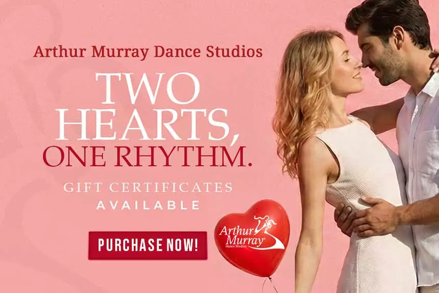 Valentine's Day dance lesson gift certificates at Arthur Murray Dance Studios. Two Hearts, One Rhythm campaign.
